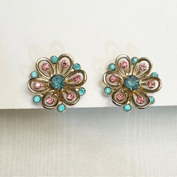 Blue Pink Rhinestone Screw Back Earring Set Gold Tone Base Metal Vintage - Picture 1 of 8